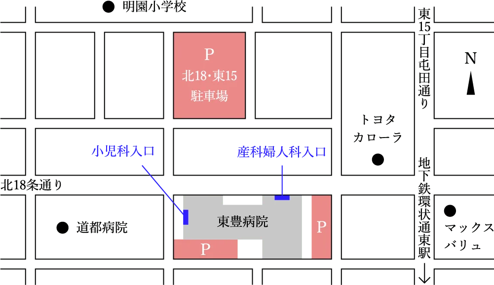 病院周辺の案内地図(駐車場・各入口)